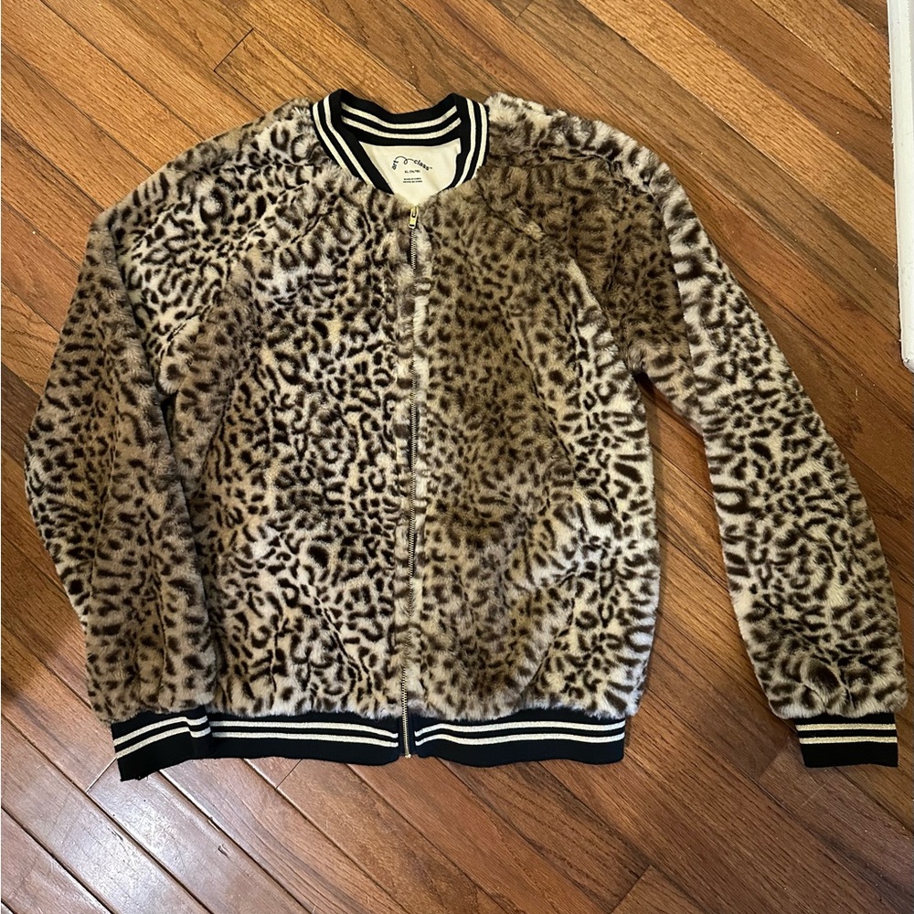 Leopard Print Faux Fur Bomber Jacket